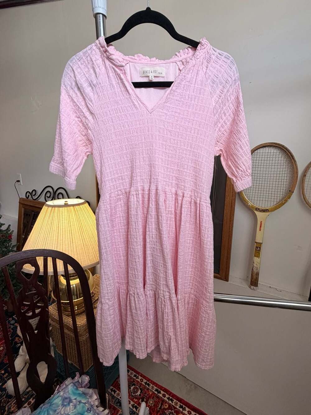 Pretty Pink Coquette Dress Cotton Textured V-Neck Tiered Midi Feminine Cottage M